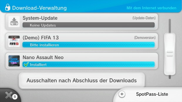 Im eShop gibt es eine Demoversion zu Fifa 13. Alle Downloads müssen einzeln installiert werden.